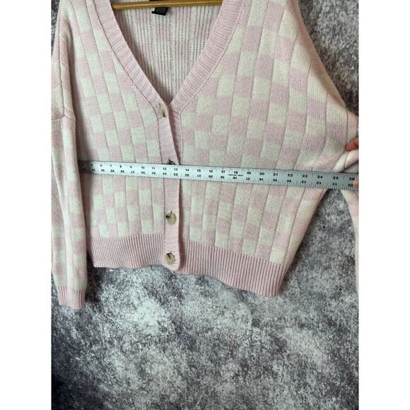 Just Polly Cardigan Sweater Womens S pink Knit Checked Oversized Preppy Coquette - Picture 7 of 11